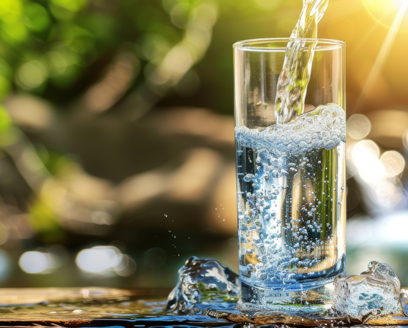 Pouring fresh natural spring mineral water into a glass for pure and refreshing hydration<br />